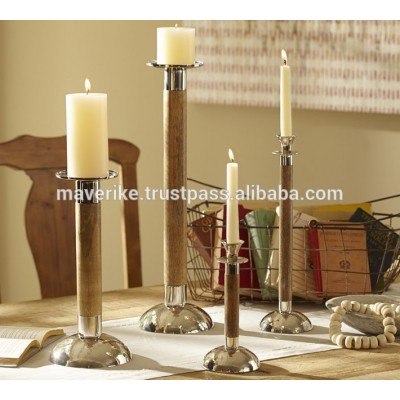 wood & silver metal combination candle holder set of 3