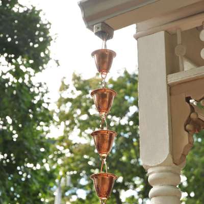 Copper Rain Chain With Flower Design Cup For Garden Decor And Gutter