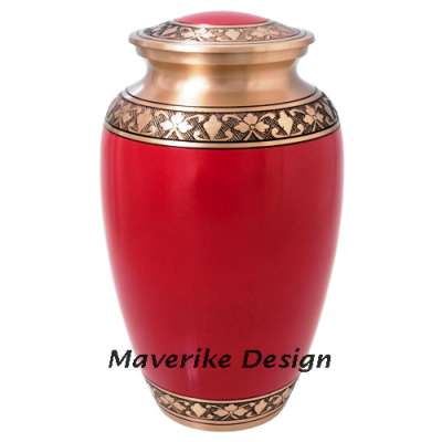 Classic Brass Engraved Adult Cremation Urn With Red Marble Finish